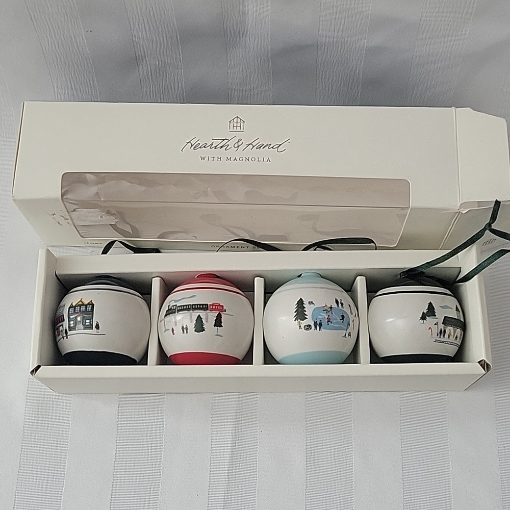 Hearth & Hand MAGNOLIA Ceramic Ornament Set of 4 Christmas Balls Winter Scenes